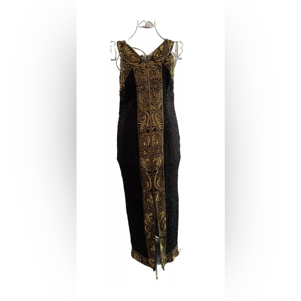 Ballroom Dancing Black and Gold Long Sequined Dress, L